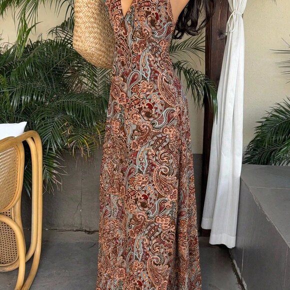 Rust Brown Boho Women's Paisley Print V-Neck Open Back Tie-Up Maxi Dress - Picture 5 of 6